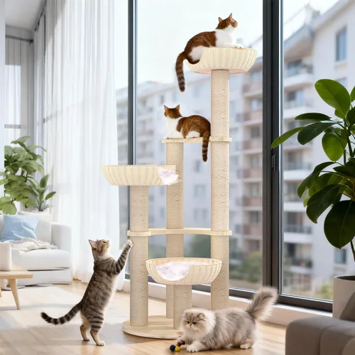 Vista 2 de Tinnmao Torre de árbol de madera maciza para gatos grandes, árbol de madera para gatos de 53 pulgadas con poste rascador cubierto de sisal natural