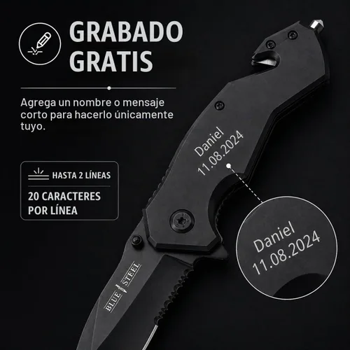 Vista 2 de GIFT INFINITY Navaja de bolsillo personalizada con grabado gratuito – Hoja de acero inoxidable media serrada, mango recubierto de titanio negro
