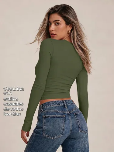 Vista 5 de Trendy Queen Camisetas de manga larga para mujer, camisetas básicas de Verde militar