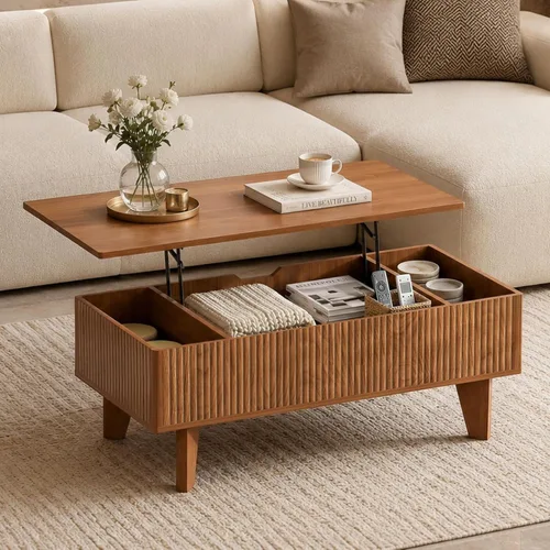 Vista 11 de Mesa auxiliar ovalada con almacenamiento, de madera acanalada de 47 pulgadas, moderna mesa de centro de mediados de siglo para sala de estar