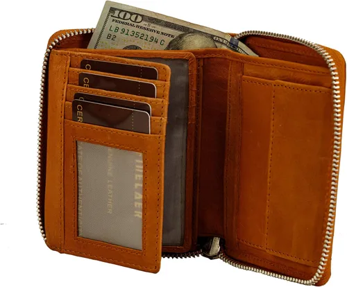 Vista 6 de FINELAER Cartera pequeña de piel mostaza para mujer con bolsillo para monedas Mostaza Cartera