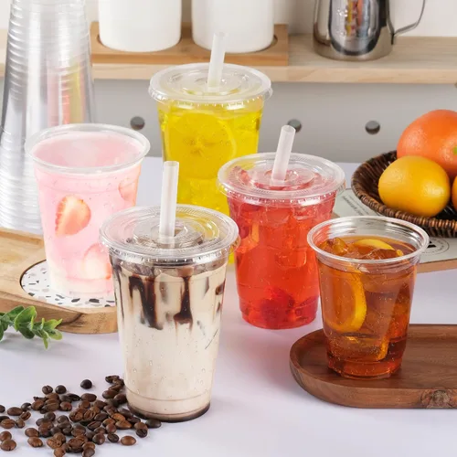 Vista 6 de Tazas de café helado desechables de plástico transparente compostable de 12 onzas con tapas planas, tazas biodegradables para beber frío para llevar
