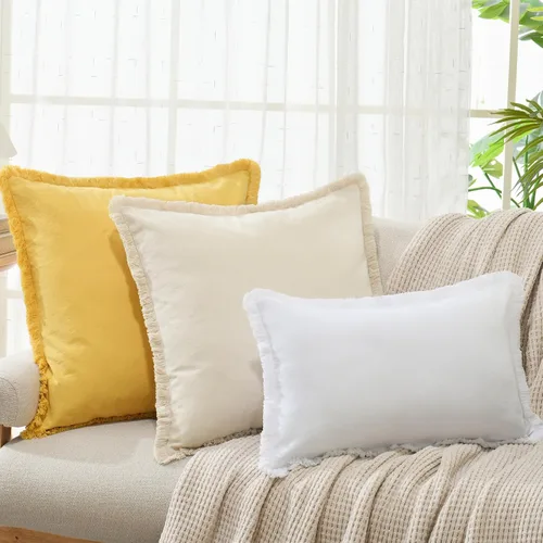 Vista 3 de ZWJD Juego de 2 fundas de almohada de 16 x 16 pulgadas, color beige, con flecos, de algodón, decorativas, cuadradas, para sofá, cama, sala de estar