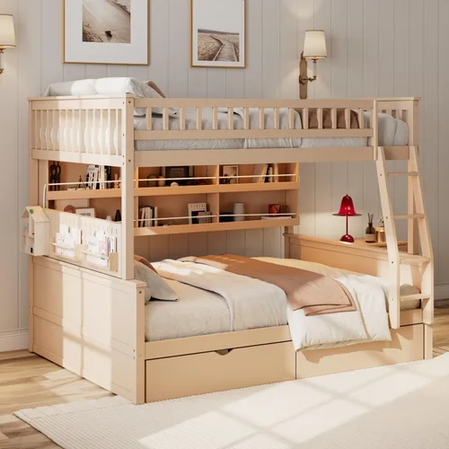 Vista 5 de SOFTSEA Full XL Over Queen Wooden Bunk Bed with Drawers and LED, Beige