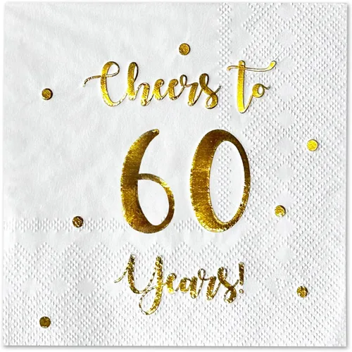 Vista 10 de Servilletas de cóctel de Cheers to 60 años, decoraciones de feliz cumpleaños 60 para hombres y mujeres, decoraciones de fiesta de aniversario