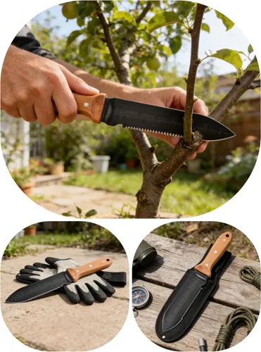 Vista 7 de Hori Hori - Cuchillo de jardín, hoja de acero inoxidable de 7 pulgadas, herramienta de jardinería resistente, mango de madera de espiga completa