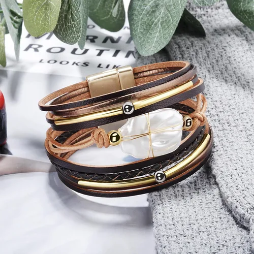 Vista 2 de Long tiantian Pulsera de cuero con perlas barrocas, pulsera bohemia, magnífica pulsera de tubo de oro, regalo de joyería para mujeres, adolescentes