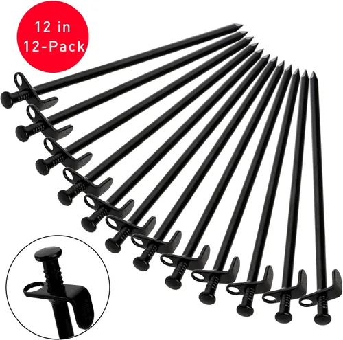 Vista 4 de Lawei Paquete de 12 estacas para tienda de campaña, estacas de acero forjado resistentes de 12 pulgadas, estacas de lona de metal para acampar al