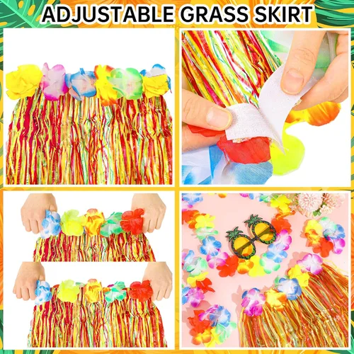 Vista 2 de 6 juegos de falda hawaiana Luau Hula de hierba con piña, flores de sol para vacaciones, fiesta de verano hawaiana, cosplay