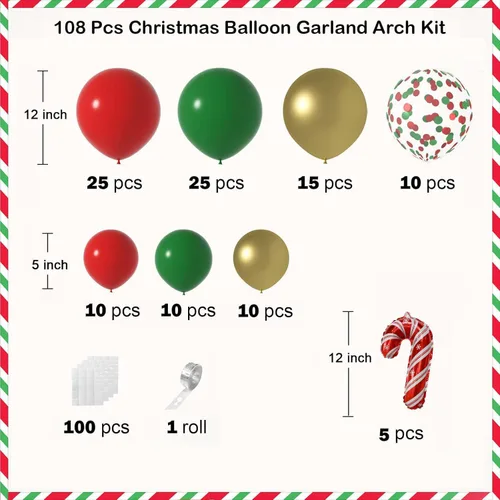 Vista 2 de Kit de arco de guirnalda de globos de Navidad, 116 globos de confeti dorados, rojos y verdes con globo de aluminio de bastón de caramelo