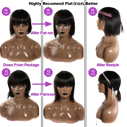 Vista 5 de Rebasar Peluca corta Bob con flequillo pelucas de cabello humano de 8 Negro