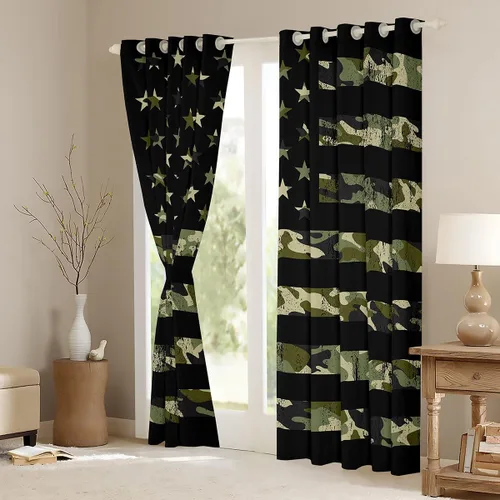 Vista 4 de Cortinas opacas de camuflaje con bandera estadounidense, regalo para niños, cortina de ventana de camuflaje verde con rayas negras, estrellas