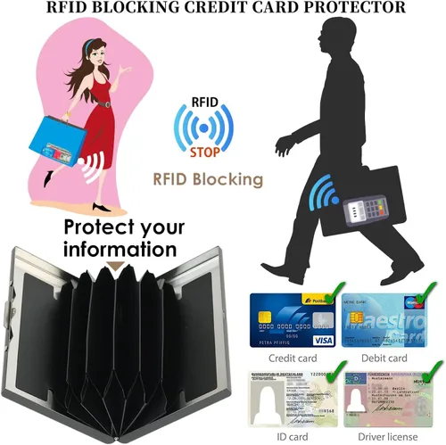 Vista 92 de BONSYL® Soporte para tarjetas de crédito, cartera delgada de metal con bloqueo RFID, con 6 ranuras para tarjetas, para mujeres y hombres.