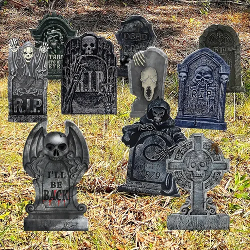 Vista 8 de Letreros de patio de lápida de Halloween de 17 pulgadas con estacas - Marcadores de césped - Paquete de 3