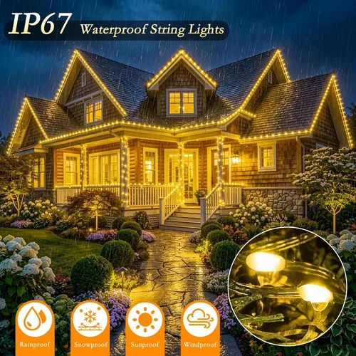Vista 4 de Tira de luces LED para exteriores de 132 pies, 400 luces LED enchufables IP67, impermeables, con control remoto, 11 modos regulables, blanco cálido