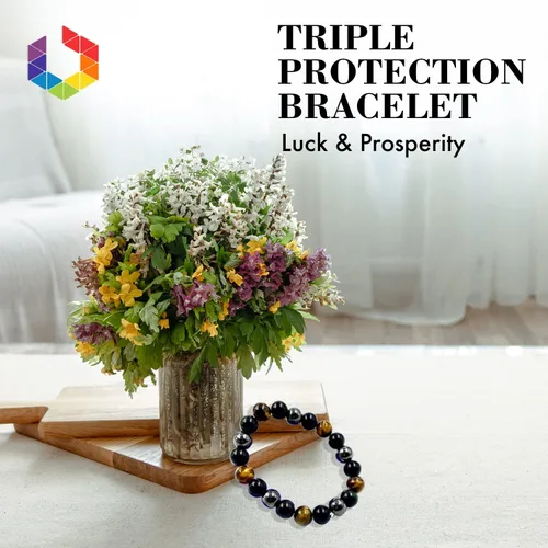 Vista 3 de Bombay - Pulsera de triple protección con cristales de hematita, obsidiana negra, ojo de tigre, pulseras de piedra para hombres, mujeres y parejas