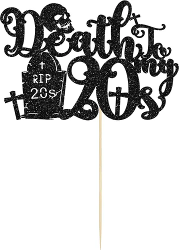 Vista 3 de 1 paquete de decoración negra para tarta de 30 años con purpurina de "Death to My 20", decoración para pastel de 30 años, decoración de fiesta