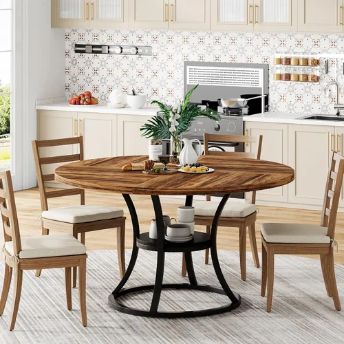 Vista 8 de Mesa de comedor redonda de 47 pulgadas para 4-6 personas con estante de almacenamiento, granja Asientos 4 – 6 estantes de almacenamiento