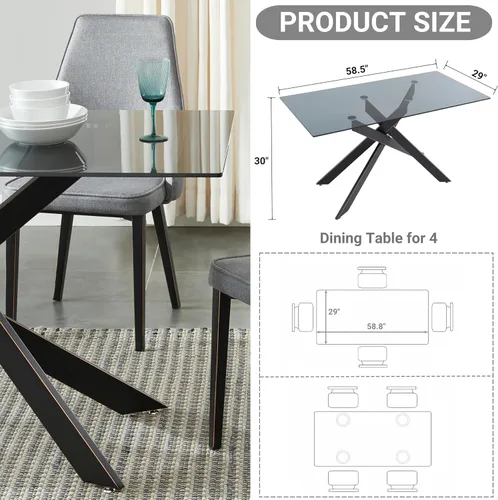 Vista 2 de Mesa de comedor de estilo moderno con parte superior de vidrio templado gris y patas tubulares de metal negro, 58.5 pulgadas de largo x 29 pulgadas