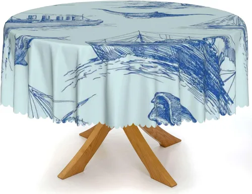 Vista 3 de Mantel redondo con patrón náutico, tela impermeable, reutilizable, lavable, a prueba de derrames, resistente a las arrugas, para cocina, boda