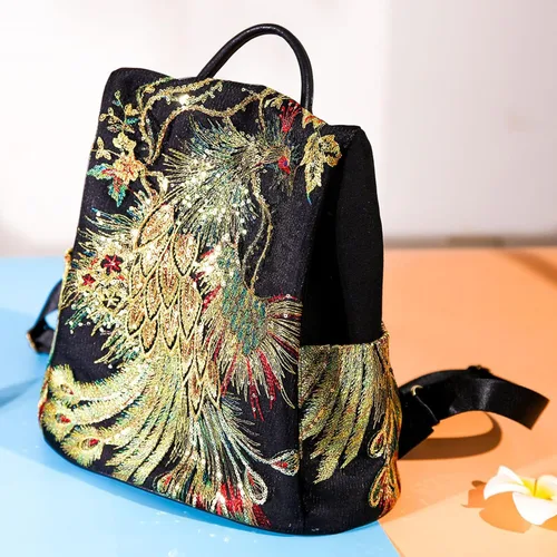 Vista 8 de Bolso bordado de la mochila de las mujeres, bolso antirrobo de la mochila del viaje de la lona de la moda, Bordado con purpurina, Mochilas de mochila