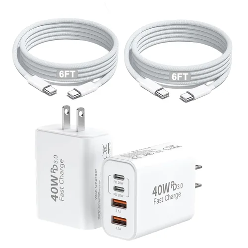 Vista 11 de 2 unidades de cable trenzado iPhone 17/16/15 Pro Max USB C a C, cargador Apple tipo C de 40 W PD de 4 puertos con enchufe de pared y cable trenzado
