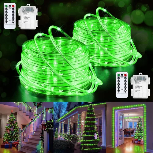 Vista 15 de Jnaurb Paquete de 2 luces de cuerda a pilas para exteriores, total de 66 pies, 200 LED, 8 modos, funciona con pilas, luces de hadas de Navidad