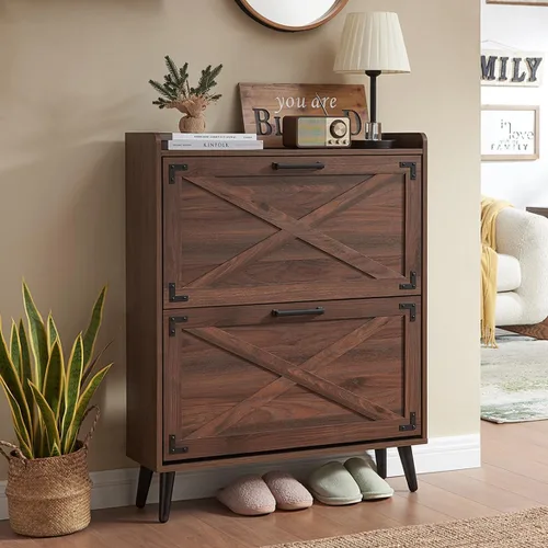 Vista 13 de Barnyatoh - Gabinete de almacenamiento de zapatos estilo granja, organizador de zapatos con 2 cajones abatibles y diseño de puerta de granero