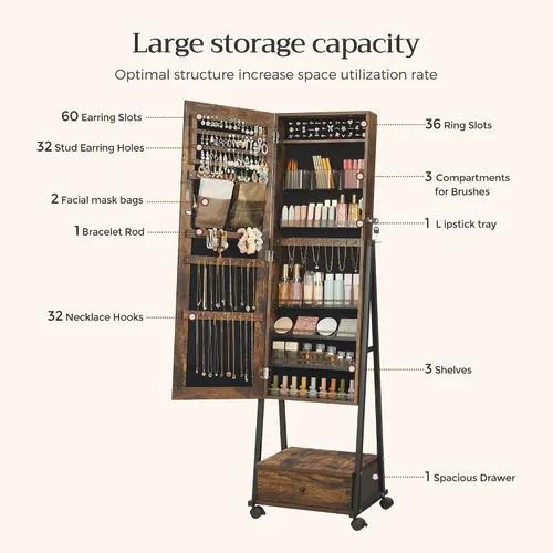 Vista 3 de SONGMICS UJJC004X01 - Organizador de joyas con cerradura con espejo de longitud completa, cajón inferior, estante, ruedas, regalos de Navidad