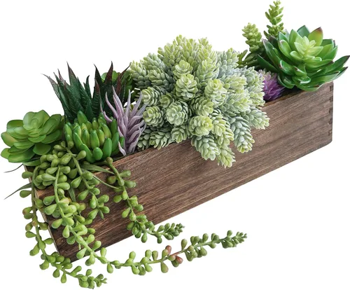 Vista 19 de Winlyn Planta de boj artificial de 14 pulgadas, arreglo de vegetación de boj sintético en negro, maceta rectangular de madera en maceta, planta