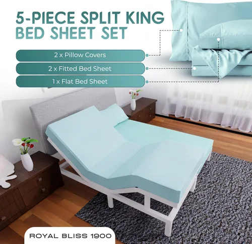Vista 4 de Juego de sábanas Split King con 2 sábanas bajeras individuales XL, ropa de cama de 5 piezas, sin arrugas, resistente a la decoloración, microfibra