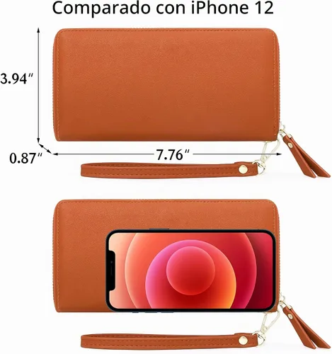 Vista 5 de VOCUS Cartera de mujer con bloqueo RFID de cuero PU con cremallera alrededor, gran cartera de viaje larga, con tarjetero y tira para la muñeca Marrón