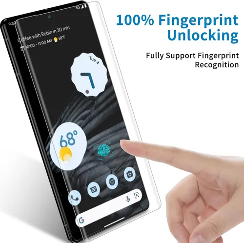 Vista 4 de Protector de pantalla para Google Pixel 7 Pro, protector de pantalla de vidrio templado curvado 3D, compatible con desbloqueo de huellas dactilares