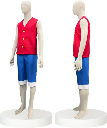 Vista 3 de MRHALLCOS Disfraz de Luffy de una pieza para cosplay, abrigo rojo, pantalones cortos azules