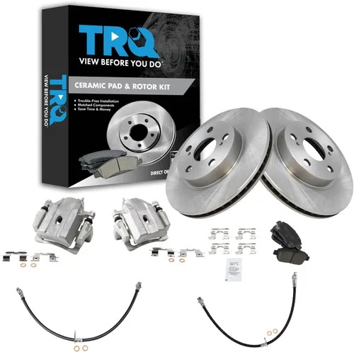 Vista 46 de TRQ Juego de pastillas de freno delanteras y rotores de cerámica, pinzas, mangueras, compatibles con Honda Odyssey 2005-2010