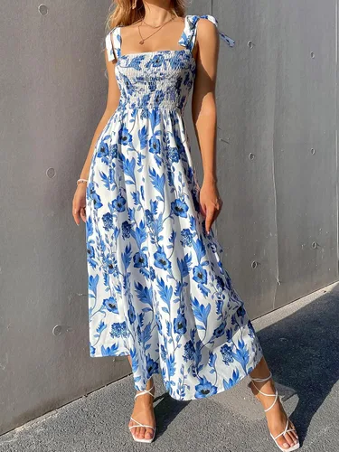 Vista 3 de Floerns Vestido de mujer con estampado floral, tirantes, cuello cuadrado, con volantes, estilo bohemio, largo
