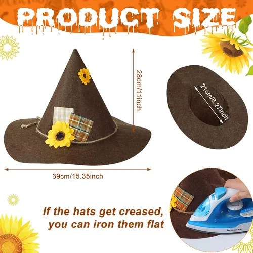 Vista 2 de SATINIOR 2 sombreros de espantapájaros de Halloween, diadema de bruja de girasol, diadema de fieltro para mujeres adultas, accesorio de fiesta
