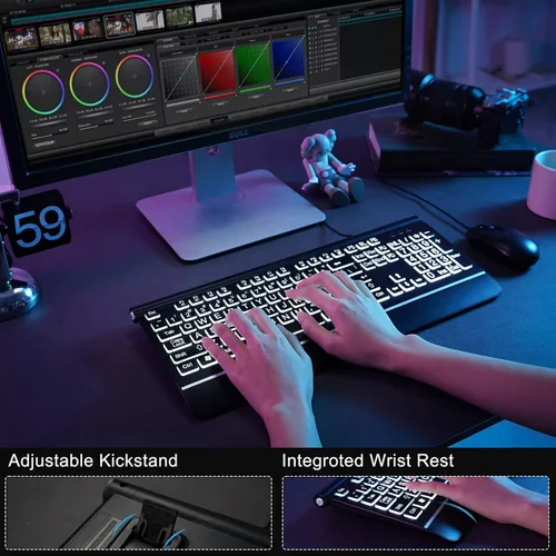 Vista 6 de KOPJIPPOM Teclado de computadora retroiluminado con impresión grande, teclados USB con cable de tamaño completo con retroiluminación de 7