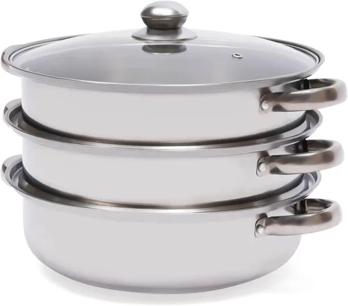 Vista 4 de Vaporizador de 3 niveles de acero inoxidable para cocinar con tapa de vidrio templado para cocinar alimentos al vapor 28cm/11in