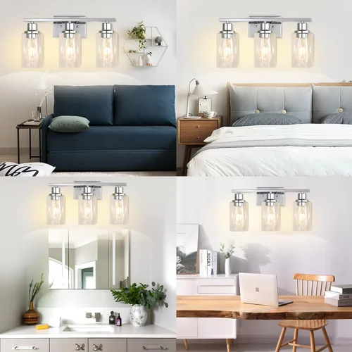 Vista 3 de Accesorios de iluminación de tocador de 3 luces, apliques de pared de baño en cromo pulido, luces de pared modernas con pantallas de vidrio