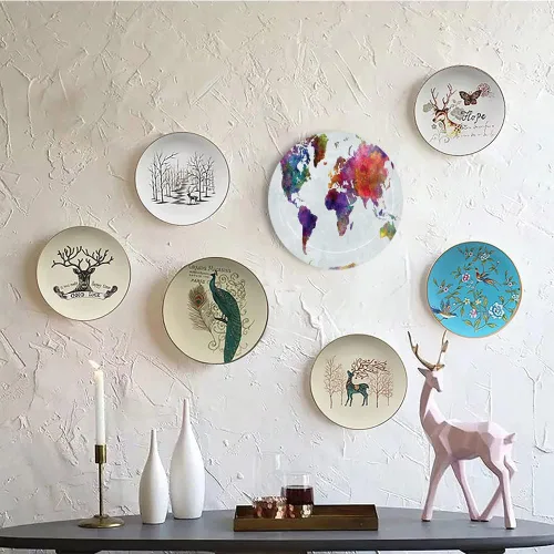 Vista 5 de Platos decorativos, adorno con estampado de acuarela, mapa del mundo dibujado a mano multicolor de Asia, 10 pulgadas, decoración de pared de cocina