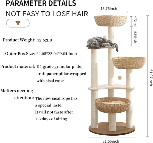 Vista 4 de Torre de árbol moderna para gatos de 52 pulgadas para gatos grandes, 3 nidos para gatos tejidos a mano, multinivel, enormes Paws Pals árbol