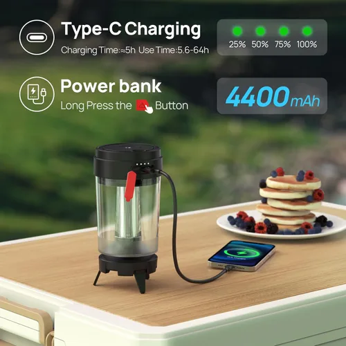 Vista 6 de Consciot Linterna LED para campamento, recargable USB-C, 5 modos de luz, 3 temperaturas de color, batería de 4400 mAh, diseño sin desmontaje