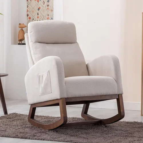 Vista 8 de Mecedora moderna, silla mecedora tapizada para bebé, cómoda silla con bolsillo lateral, sillón para sala de estar, respaldo alto con diseño