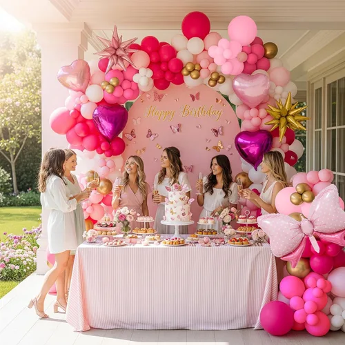 Vista 8 de Kit de arco de guirnalda de globos rosa y dorado, 140 piezas de globos de papel de aluminio de estrella con arco para temática de ratón de dibujos