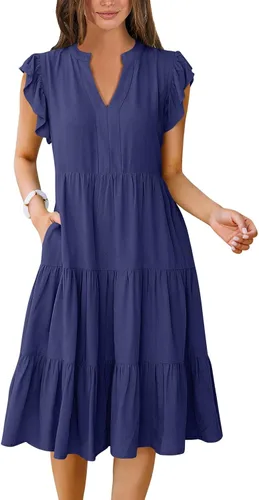 Vista 16 de ANRABESS Vestido de verano para mujer, manga con volantes, cuello en V, vestido midi a la moda, casual, holgado, escalonado, bohemio, playa