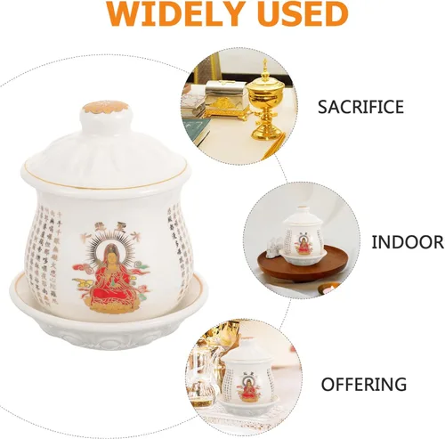 Vista 8 de OSALADI Taza de cerámica con platillo Budista Taza de agua bendita taza de culto de cáliz chino Utensilio bendición taza de té con tapa
