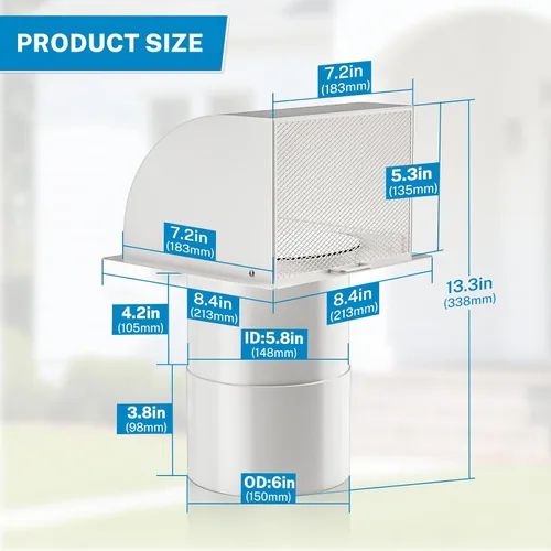 Vista 7 de Hon&Guan - Ventilación de pared con capucha de 6 pulgadas con solapa de sello magnético y malla extraíble, tapa de ventilación de escape