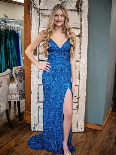 Vista 8 de Vestido de fiesta con lentejuelas y tirantes delgados, cuello en V, vestido de noche de sirena con abertura brillante