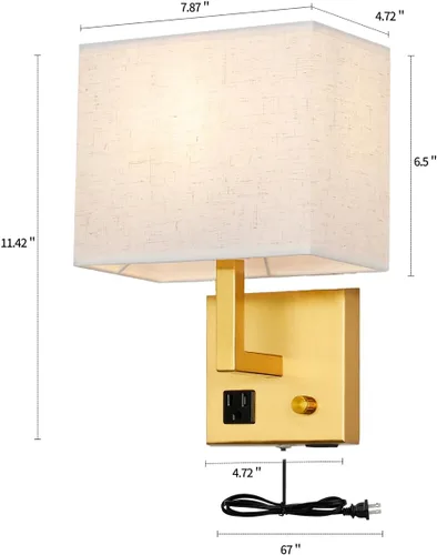 Vista 6 de Aplique de pared enchufable, lámpara de pared de cabecera con enchufe y interruptor regulable, con puerto de carga USB y toma de corriente, adecuado